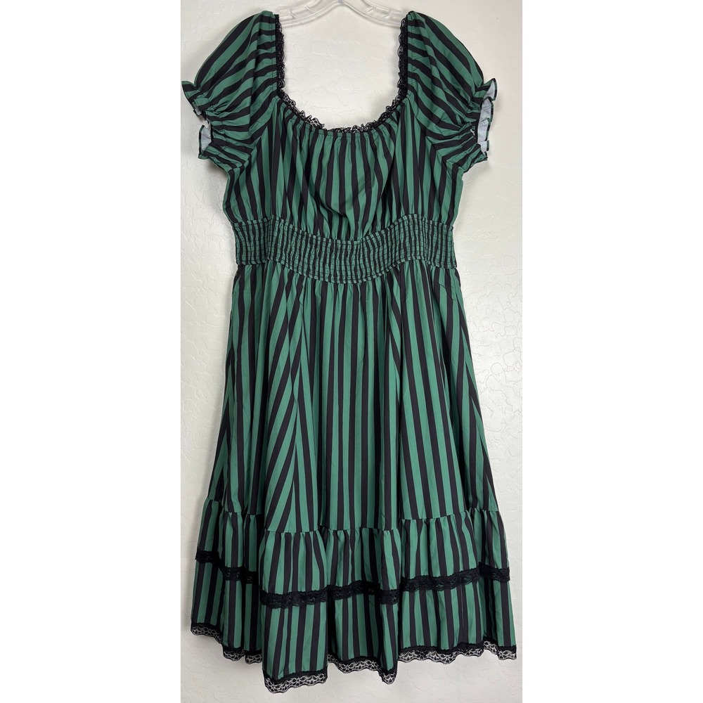 Scarlet Darkness Green Black Striped Lace Smocked Waist Midi Dress 2XL NEW 2474